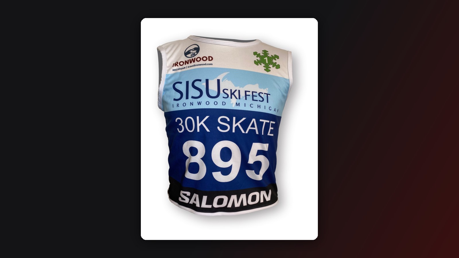 SISU Ski Fest 30K Skate cloth race bib 895, a sublimated singlet with Ironwood and Salomon sponsor bands